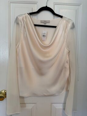 LOFT Cream Cowl-Neck Blouse with Sheer Long Sleeves